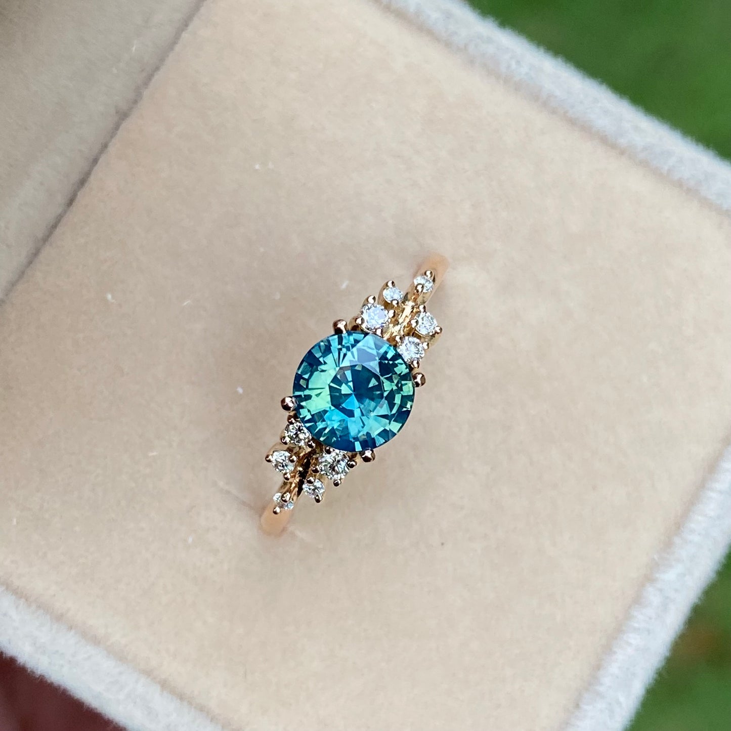 Round Teal Sapphire Ring, Engagement Ring, Green Sapphire Ring, Diamond Cluster Ring, Untreated Sapphir