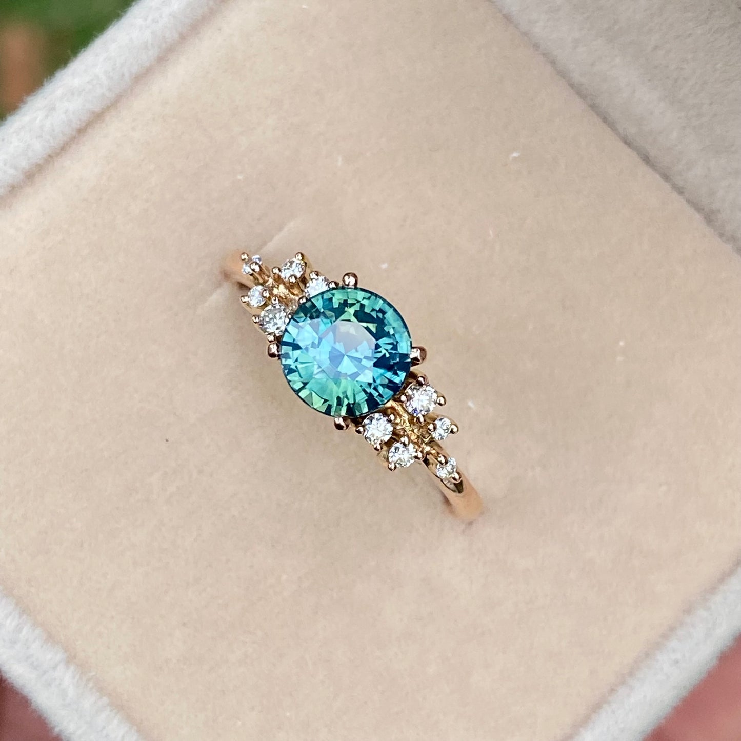 Round Teal Sapphire Ring, Engagement Ring, Green Sapphire Ring, Diamond Cluster Ring, Untreated Sapphir