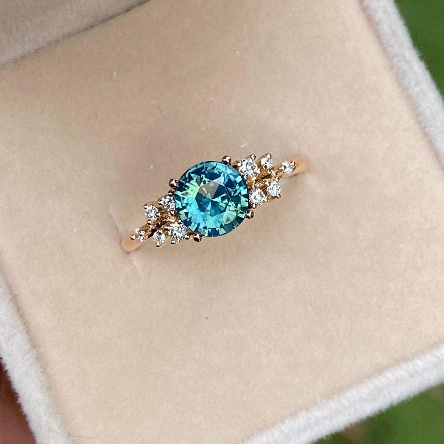 Round Teal Sapphire Ring, Engagement Ring, Green Sapphire Ring, Diamond Cluster Ring, Untreated Sapphir