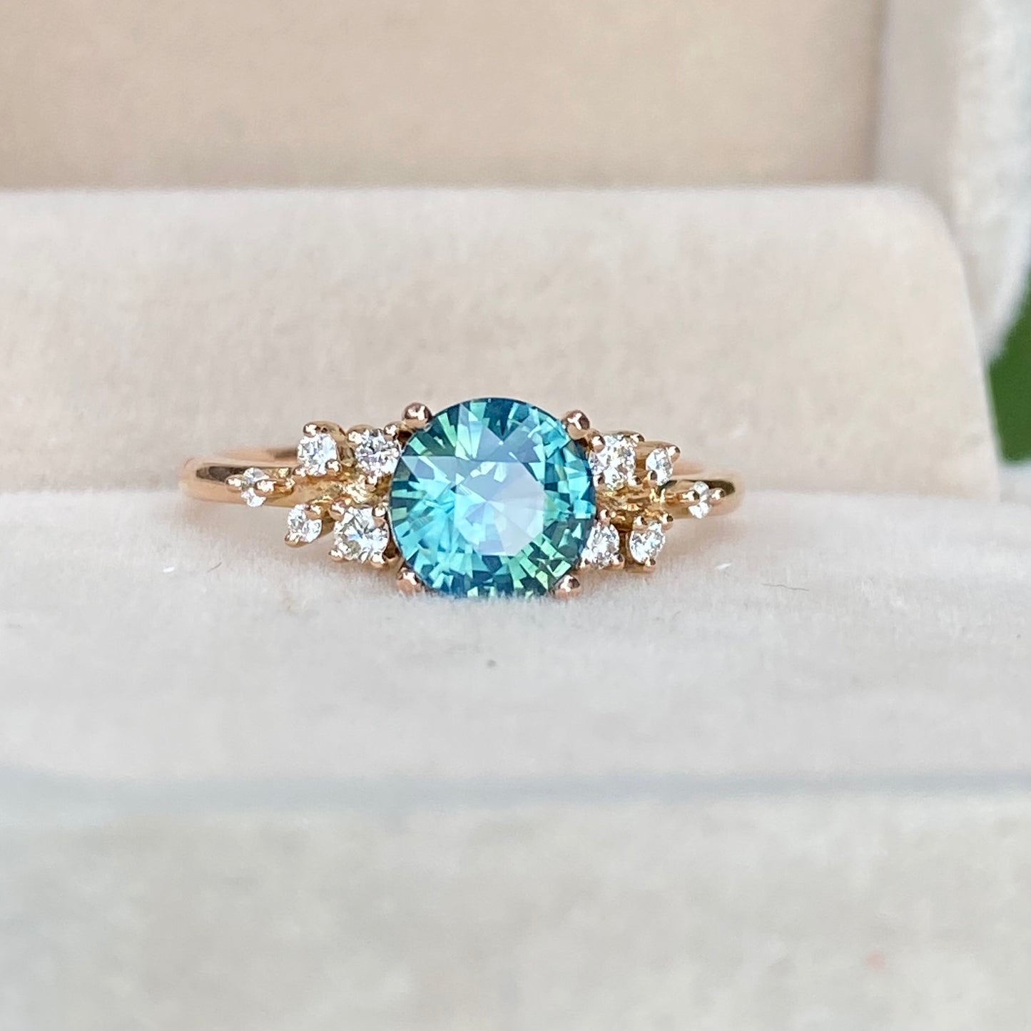 Round Teal Sapphire Ring, Engagement Ring, Green Sapphire Ring, Diamond Cluster Ring, Untreated Sapphir