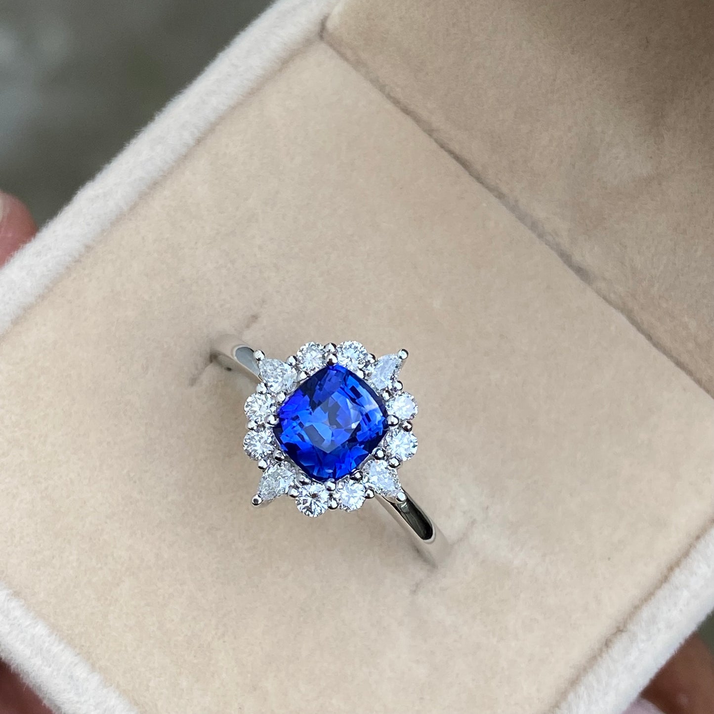 Blue Sapphire Engagement Ring , Sunbrust Ring | Ceylon Sapphire Ring | Diamond Cluster Ring | Natural Blue Sapphire