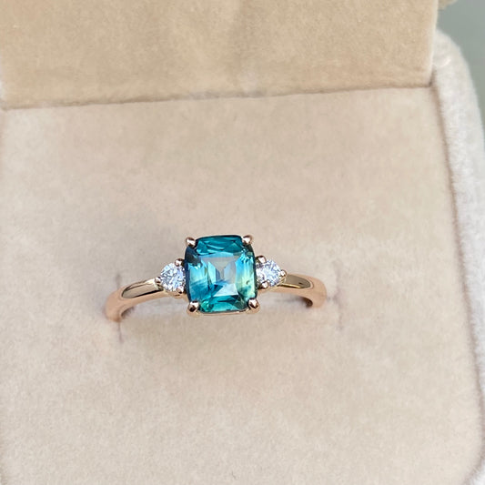 Teal Sapphire ring | Parti Sapphire Engagement Ring | Three Stone Ring | Peacock Sapphire | Unheated Teal Sapphire