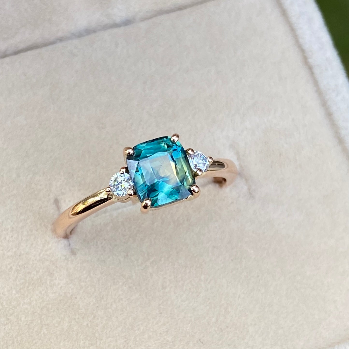 Teal Sapphire ring | Parti Sapphire Engagement Ring | Three Stone Ring | Peacock Sapphire | Unheated Teal Sapphire