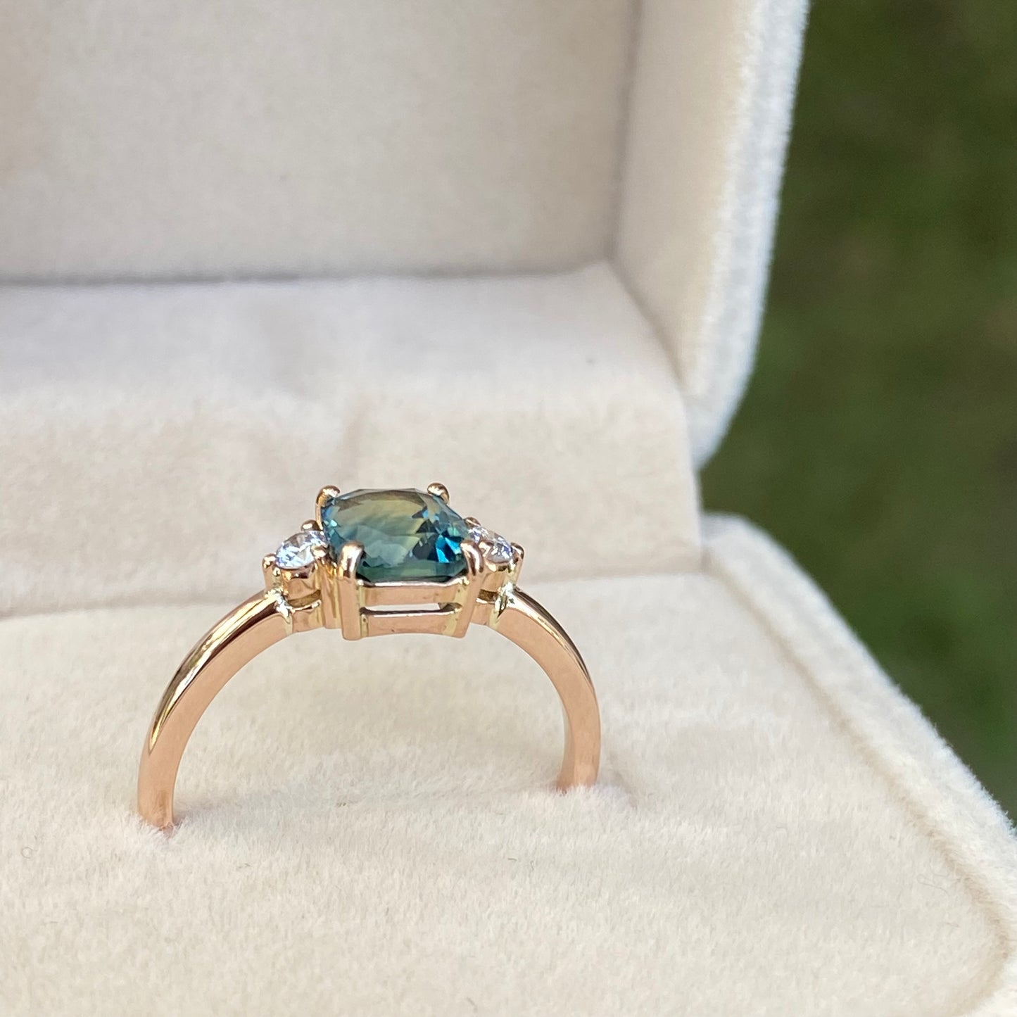 Teal Sapphire ring | Parti Sapphire Engagement Ring | Three Stone Ring | Peacock Sapphire | Unheated Teal Sapphire