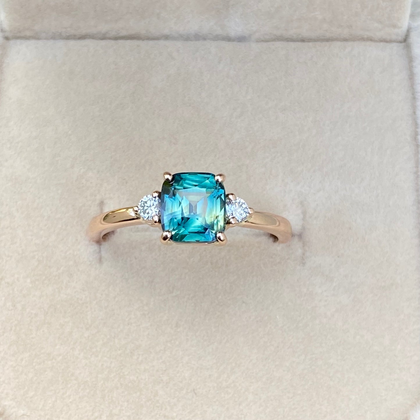 Teal Sapphire ring | Parti Sapphire Engagement Ring | Three Stone Ring | Peacock Sapphire | Unheated Teal Sapphire