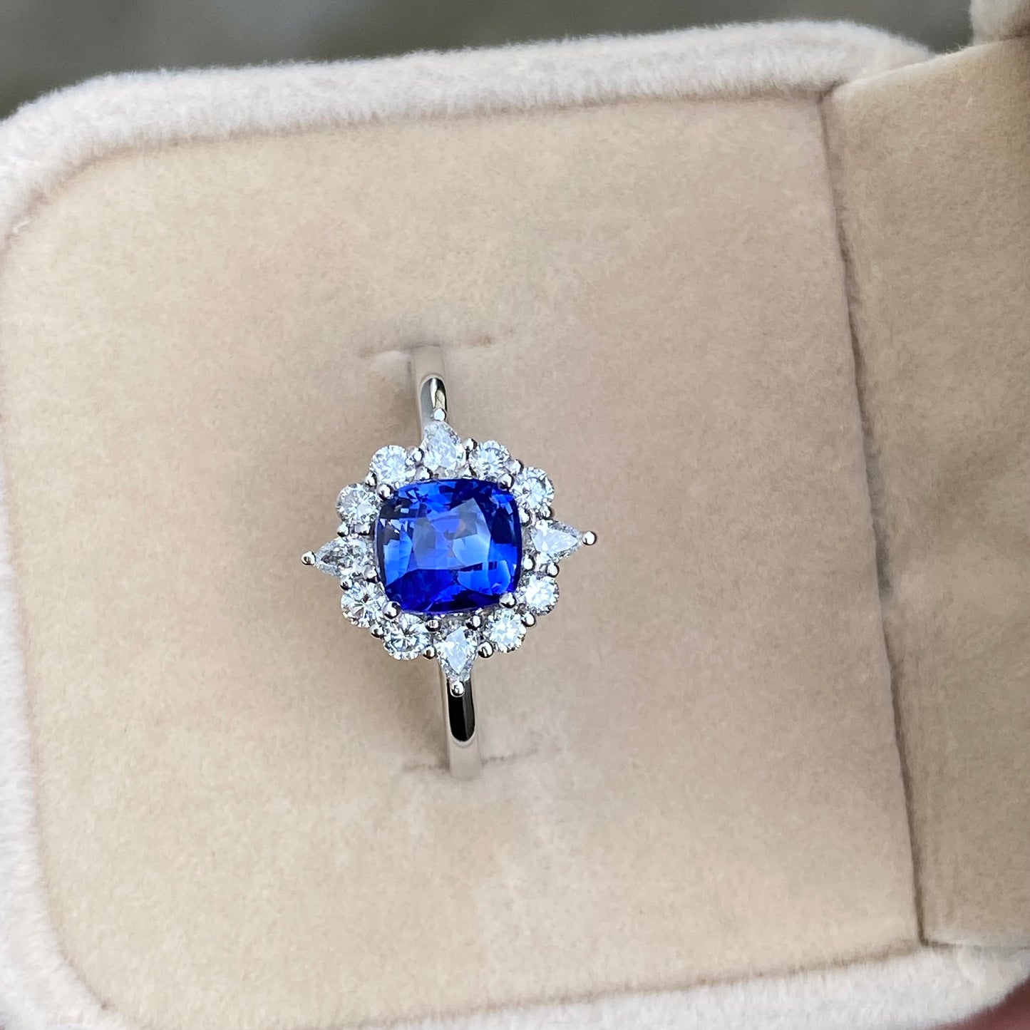 Blue Sapphire Engagement Ring , Sunbrust Ring | Ceylon Sapphire Ring | Diamond Cluster Ring | Natural Blue Sapphire