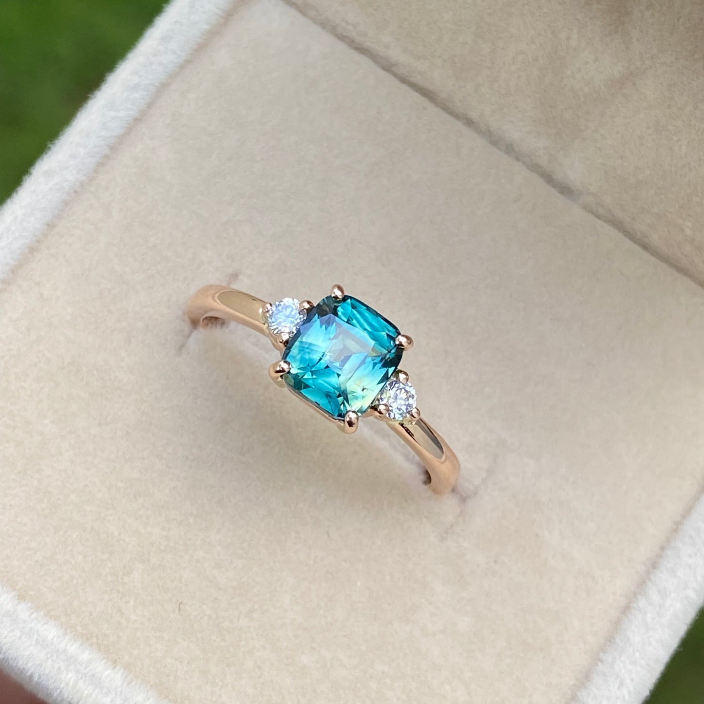 Teal Sapphire ring | Parti Sapphire Engagement Ring | Three Stone Ring | Peacock Sapphire | Unheated Teal Sapphire