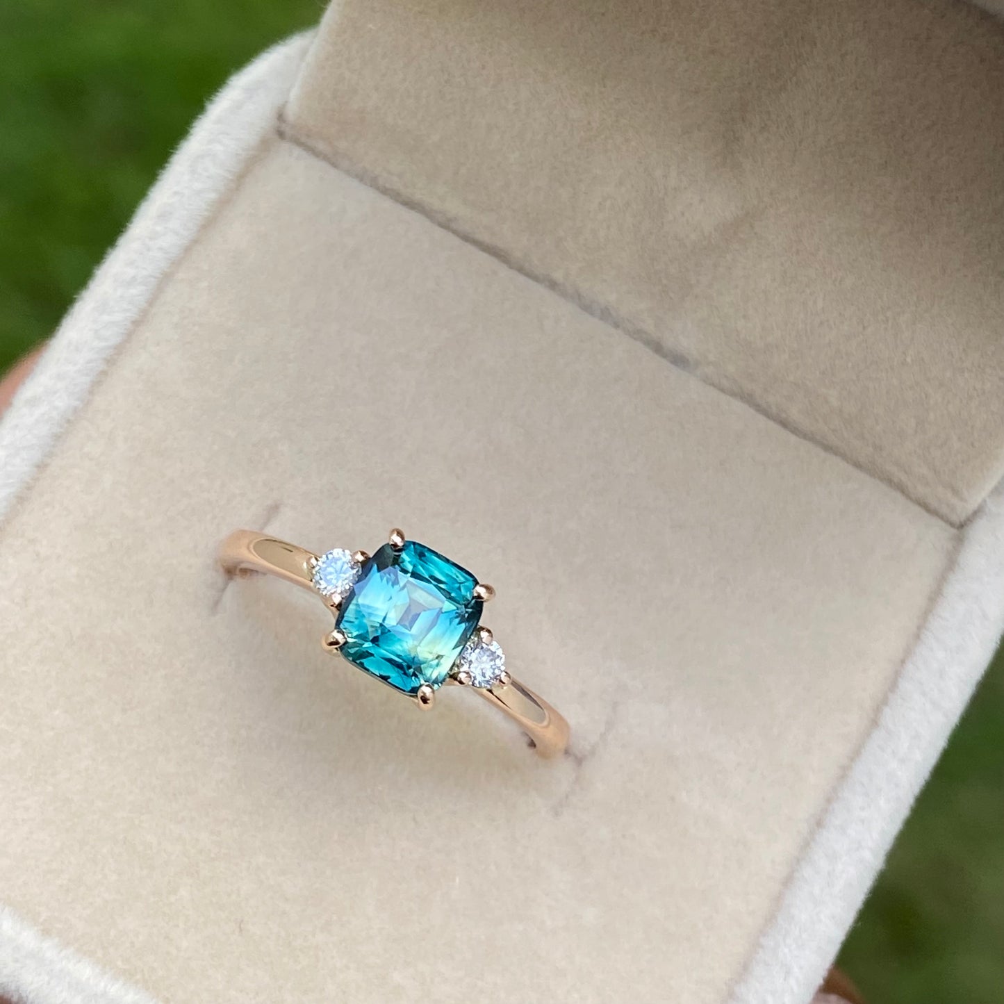 Teal Sapphire ring | Parti Sapphire Engagement Ring | Three Stone Ring | Peacock Sapphire | Unheated Teal Sapphire