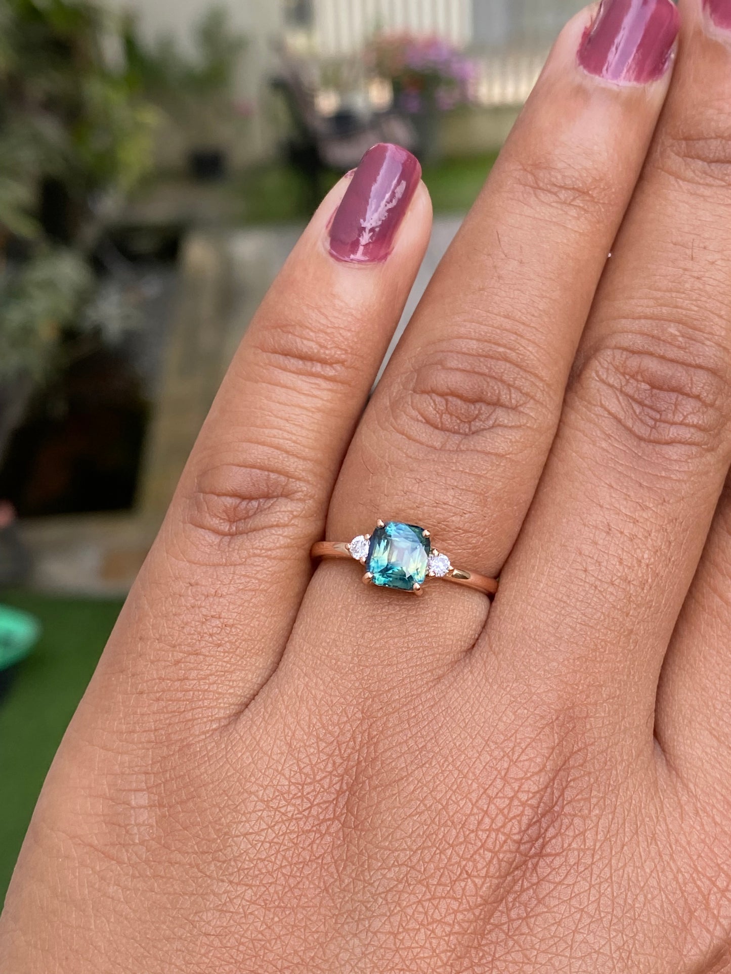 Teal Sapphire ring | Parti Sapphire Engagement Ring | Three Stone Ring | Peacock Sapphire | Unheated Teal Sapphire