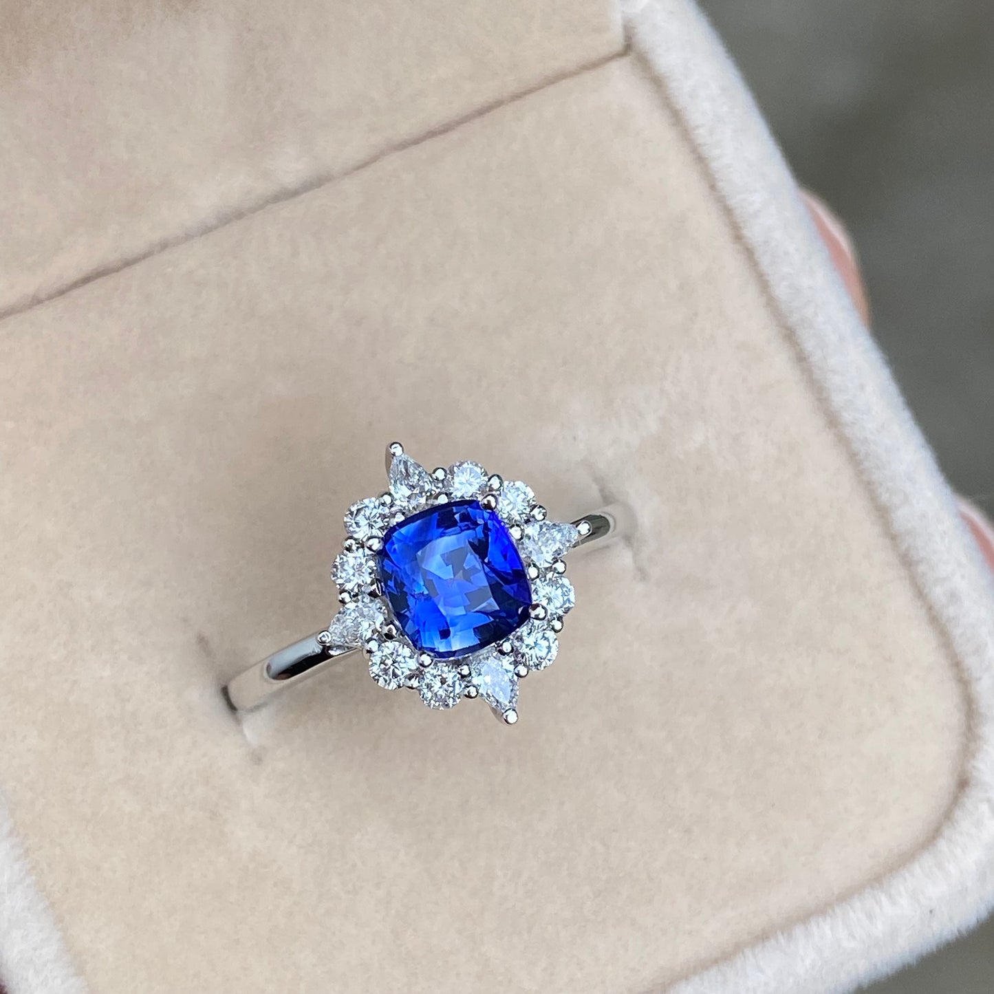 Blue Sapphire Engagement Ring , Sunbrust Ring | Ceylon Sapphire Ring | Diamond Cluster Ring | Natural Blue Sapphire