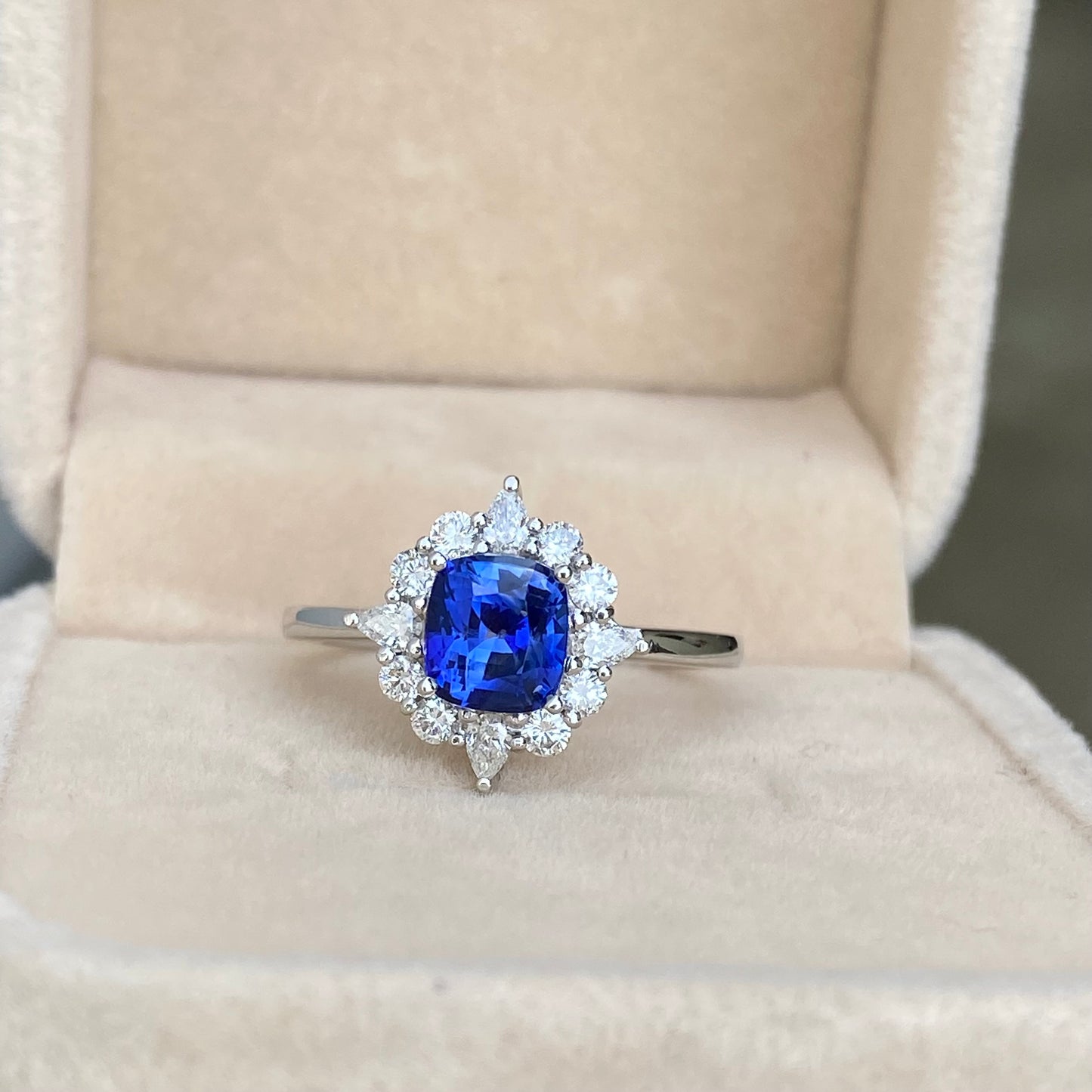 Blue Sapphire Engagement Ring , Sunbrust Ring | Ceylon Sapphire Ring | Diamond Cluster Ring | Natural Blue Sapphire