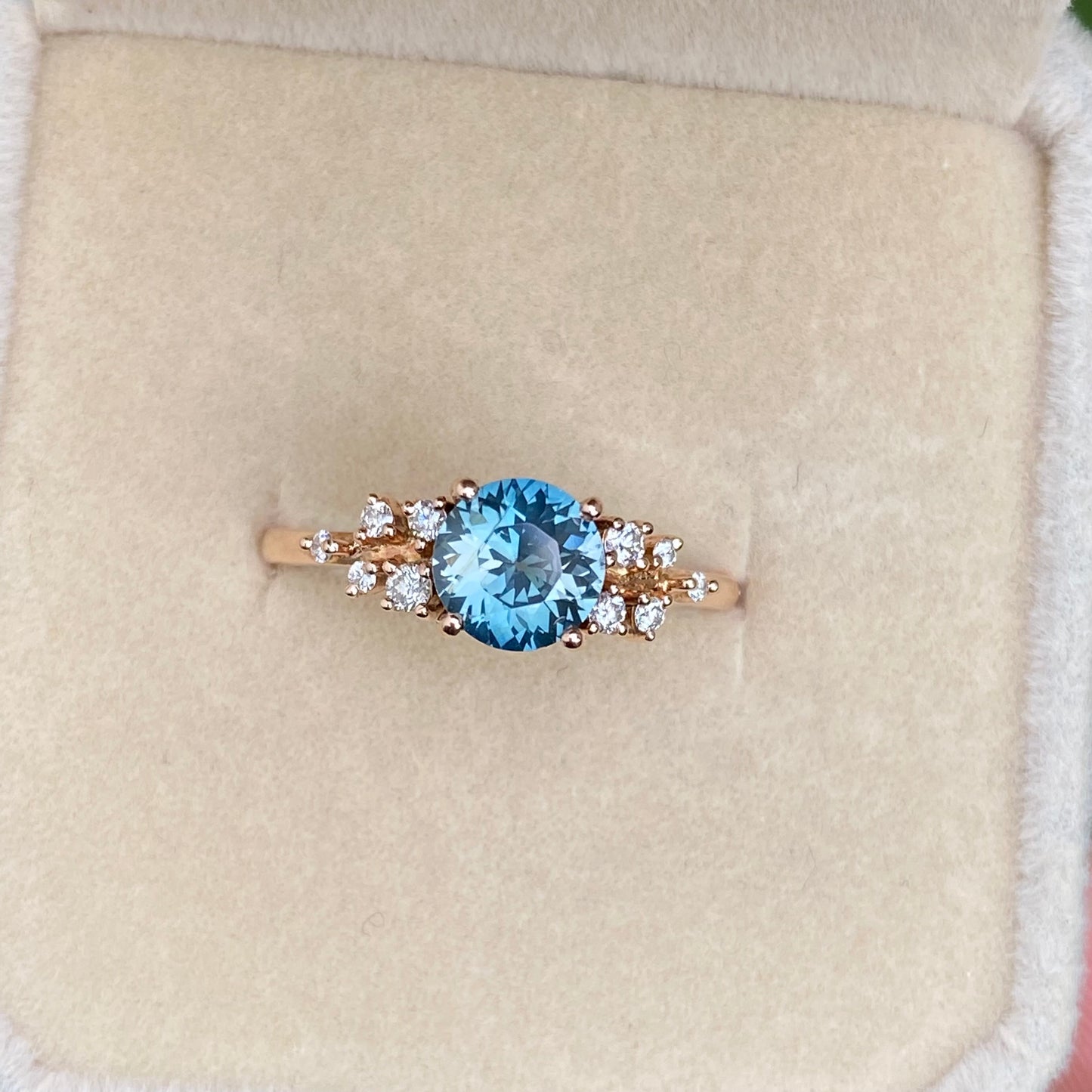 Teal Sapphire Ring, Round Engagement Ring, Mermaid Sapphire Ring, Diamond cluster ring, Proposal Ring