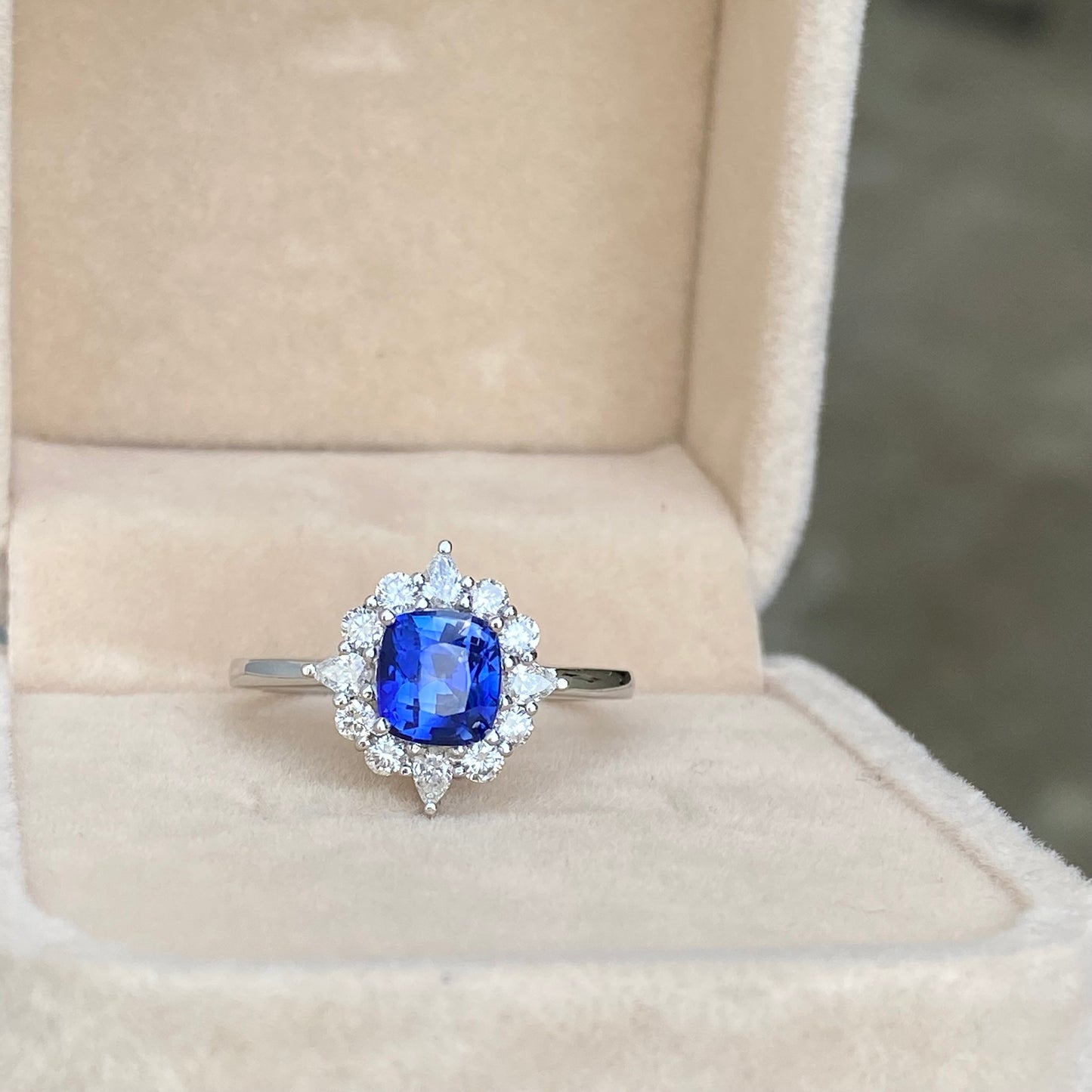 Blue Sapphire Engagement Ring , Sunbrust Ring | Ceylon Sapphire Ring | Diamond Cluster Ring | Natural Blue Sapphire