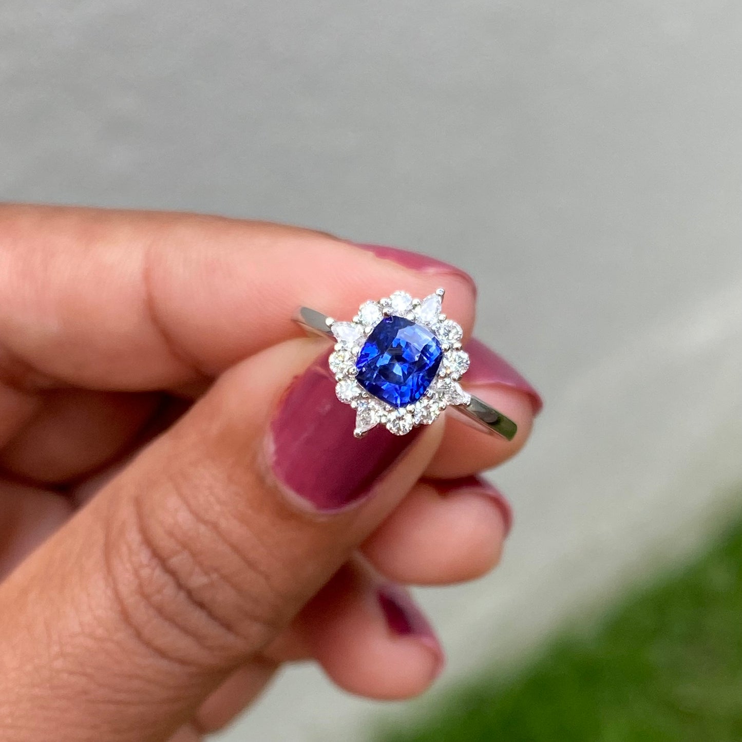 Blue Sapphire Engagement Ring , Sunbrust Ring | Ceylon Sapphire Ring | Diamond Cluster Ring | Natural Blue Sapphire