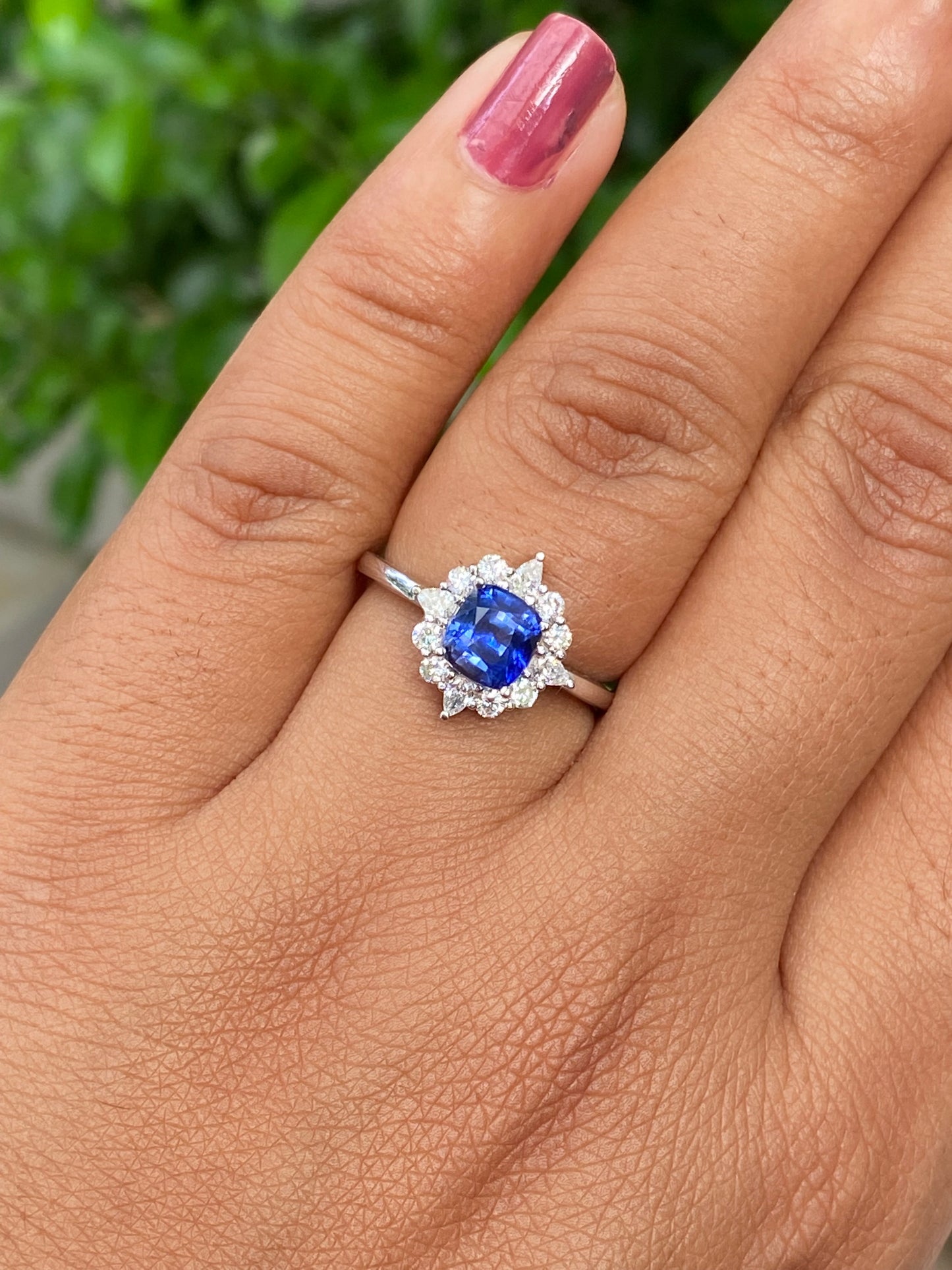 Blue Sapphire Engagement Ring , Sunbrust Ring | Ceylon Sapphire Ring | Diamond Cluster Ring | Natural Blue Sapphire