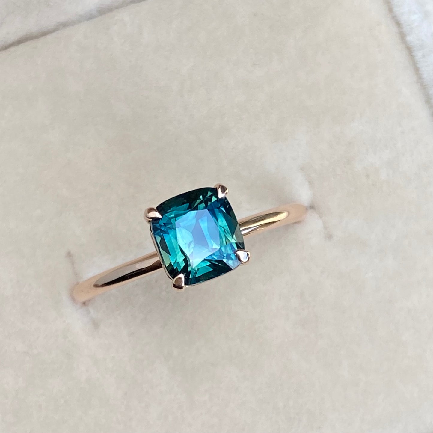 Green Sapphire Ring / Solitaire Engagement Ring / Teal Sapphire Ring / Simple Sapphire ring/ Cushion cut Teal Sapphire