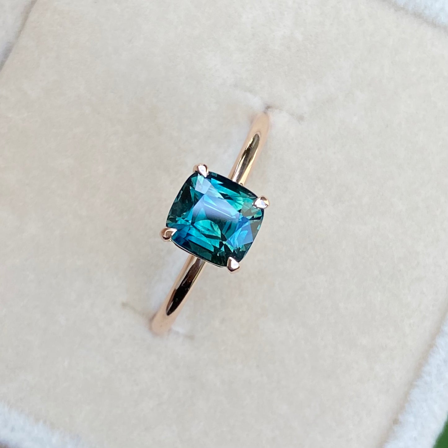 Green Sapphire Ring / Solitaire Engagement Ring / Teal Sapphire Ring / Simple Sapphire ring/ Cushion cut Teal Sapphire