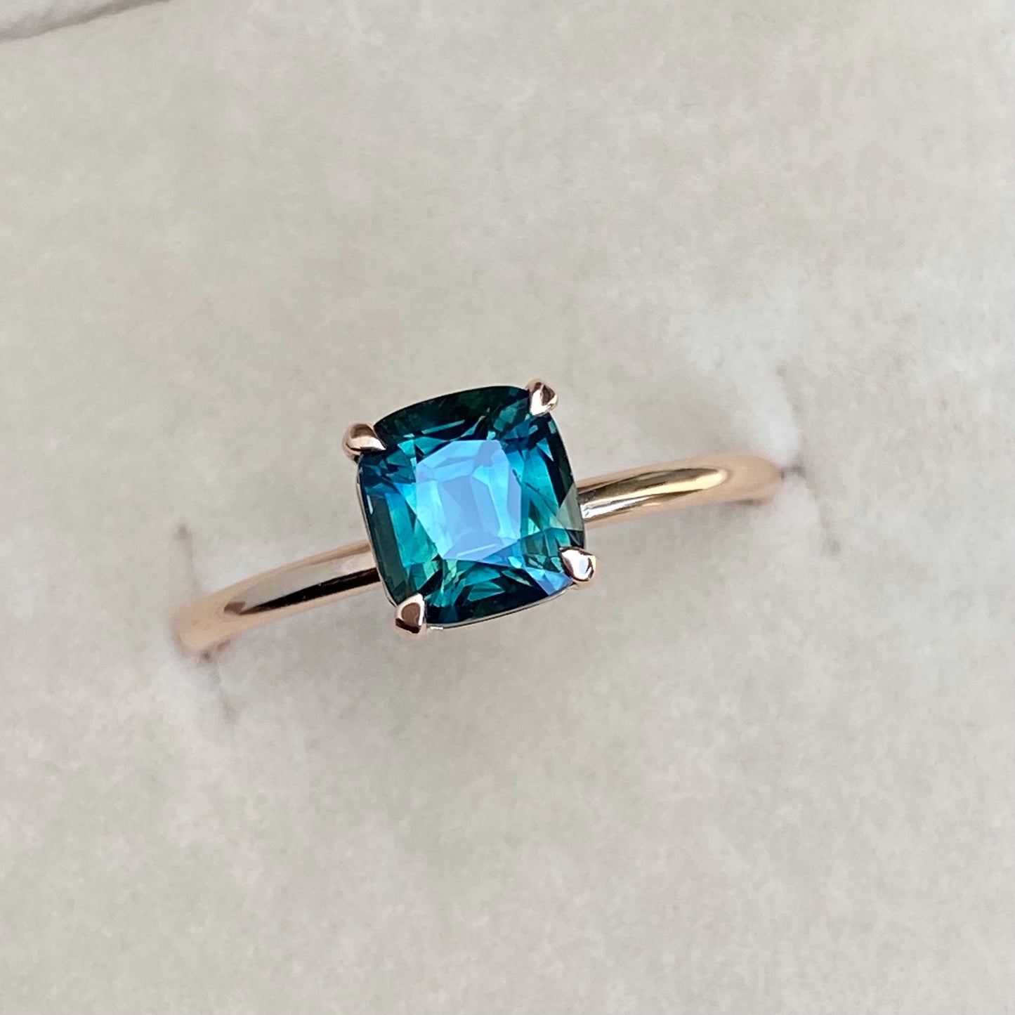 Green Sapphire Ring / Solitaire Engagement Ring / Teal Sapphire Ring / Simple Sapphire ring/ Cushion cut Teal Sapphire