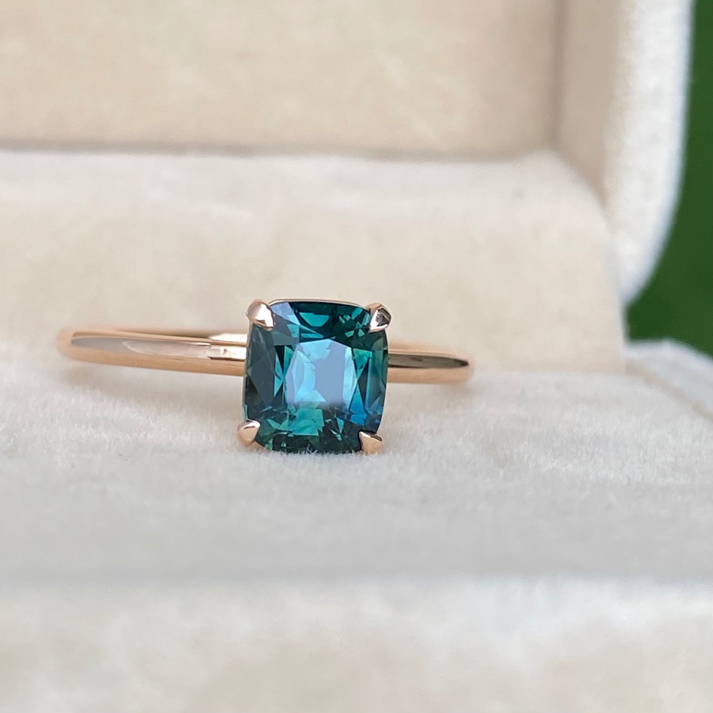 Green Sapphire Ring / Solitaire Engagement Ring / Teal Sapphire Ring / Simple Sapphire ring/ Cushion cut Teal Sapphire