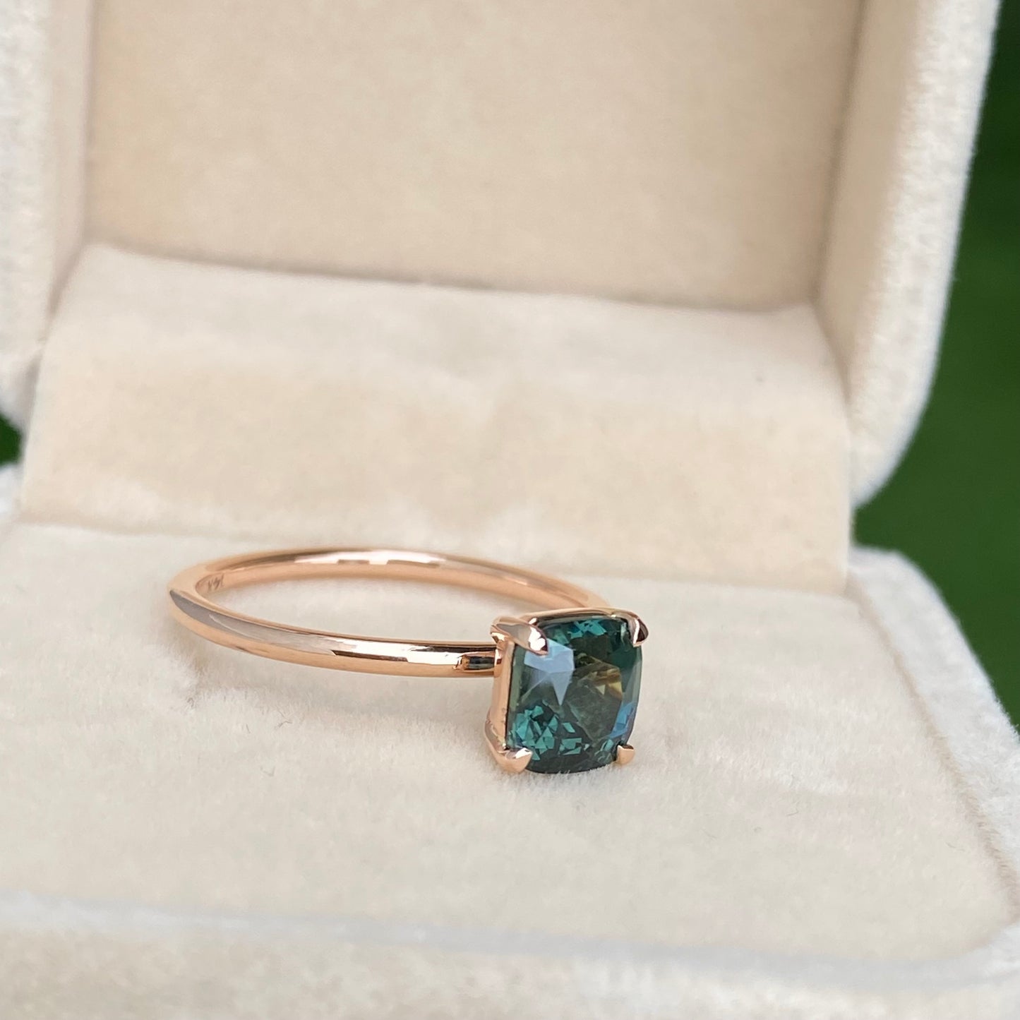 Green Sapphire Ring / Solitaire Engagement Ring / Teal Sapphire Ring / Simple Sapphire ring/ Cushion cut Teal Sapphire