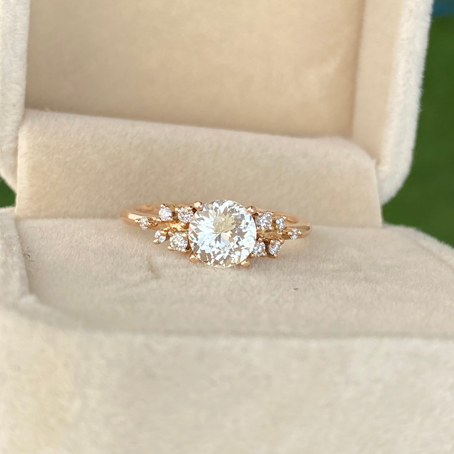 Pale Yellow Sapphire Ring, Round Engagement Ring, Ceylon Sapphire Ring, Diamond cluster ring, Proposal Ring