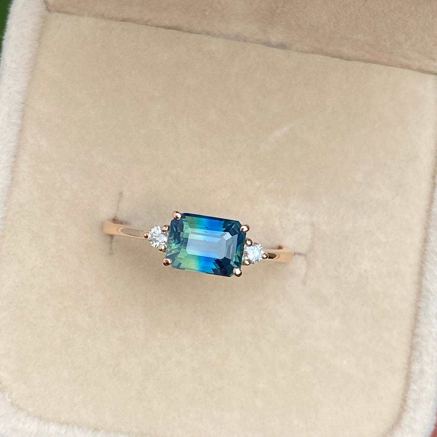 Parti Sapphire Ring | Engagement Ring | Bicolor sapphire ring | Emerald cut sapphire ring / Teal Sapphire / Three Stone Ring