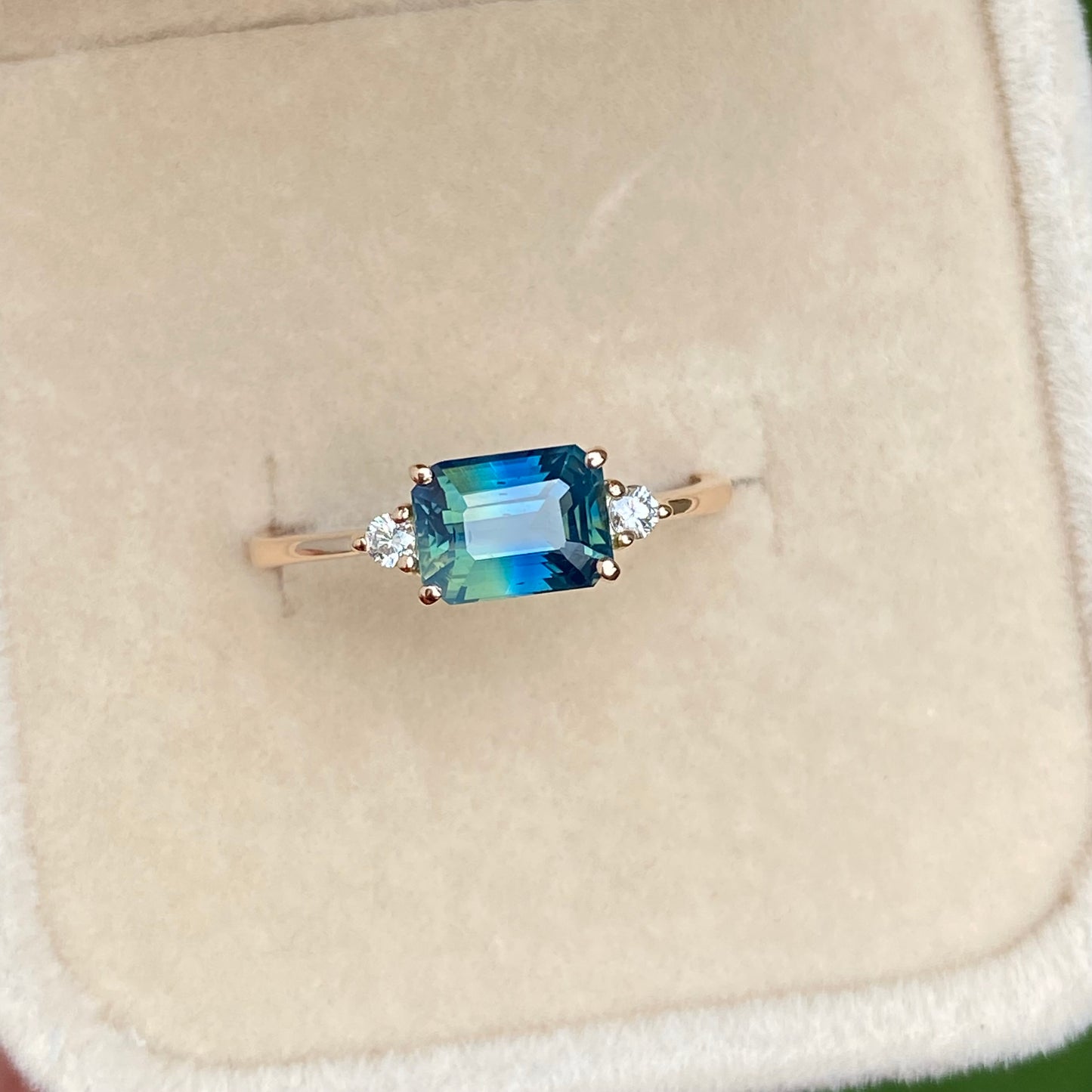 Parti Sapphire Ring | Engagement Ring | Bicolor sapphire ring | Emerald cut sapphire ring / Teal Sapphire / Three Stone Ring