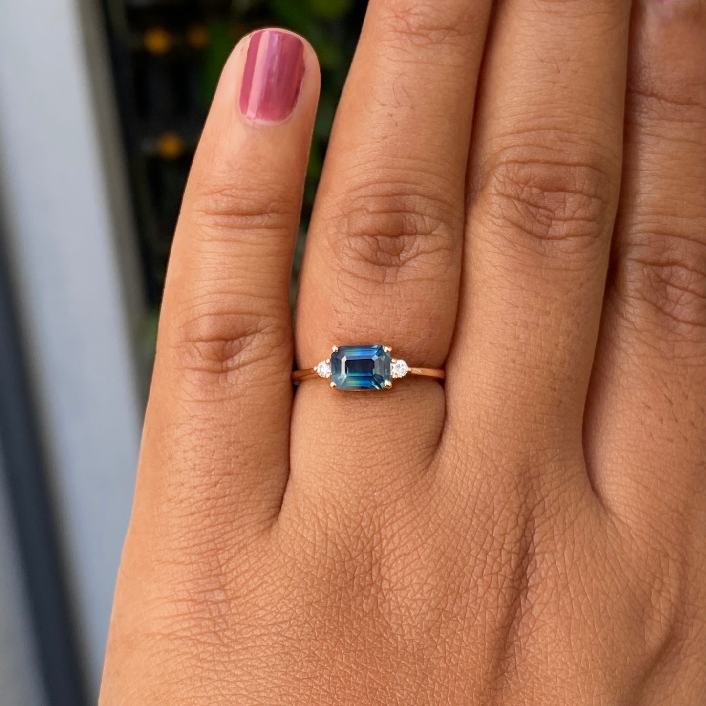 Parti Sapphire Ring | Engagement Ring | Bicolor sapphire ring | Emerald cut sapphire ring / Teal Sapphire / Three Stone Ring