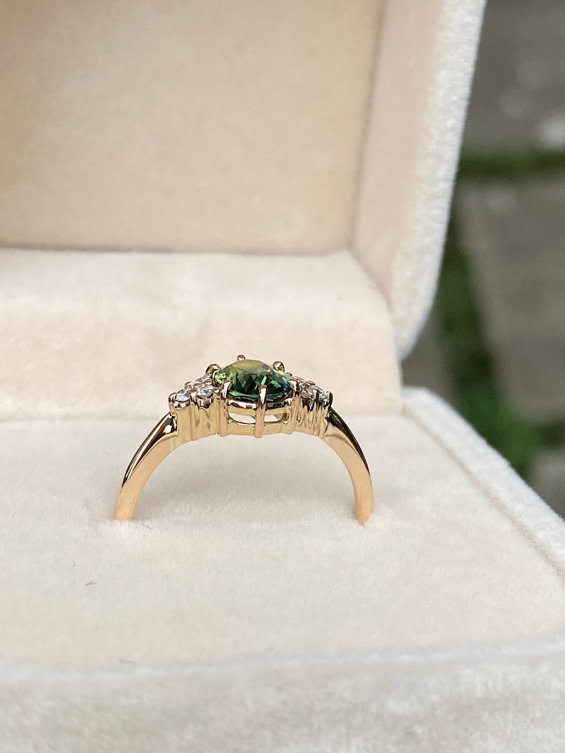 Forest green sapphire ring | Oval Engagement ring | Diamond Cluster Ring