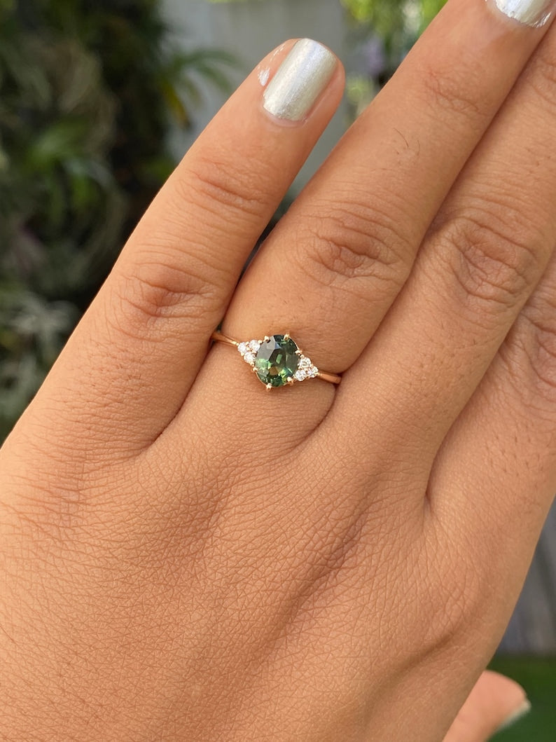 Forest green sapphire ring | Oval Engagement ring | Diamond Cluster Ring