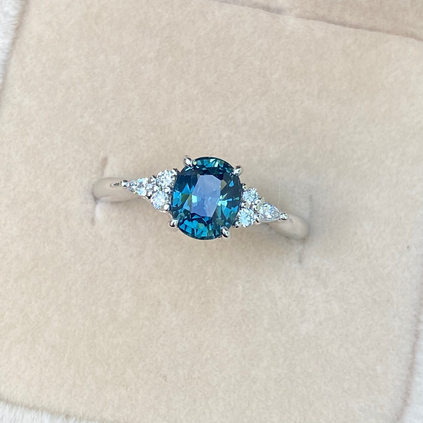 Oval Teal Sapphire Ring / Engagement Ring / Peacock Sapphire Ring / Blue Green Sapphire / Diamond Cluster Ring