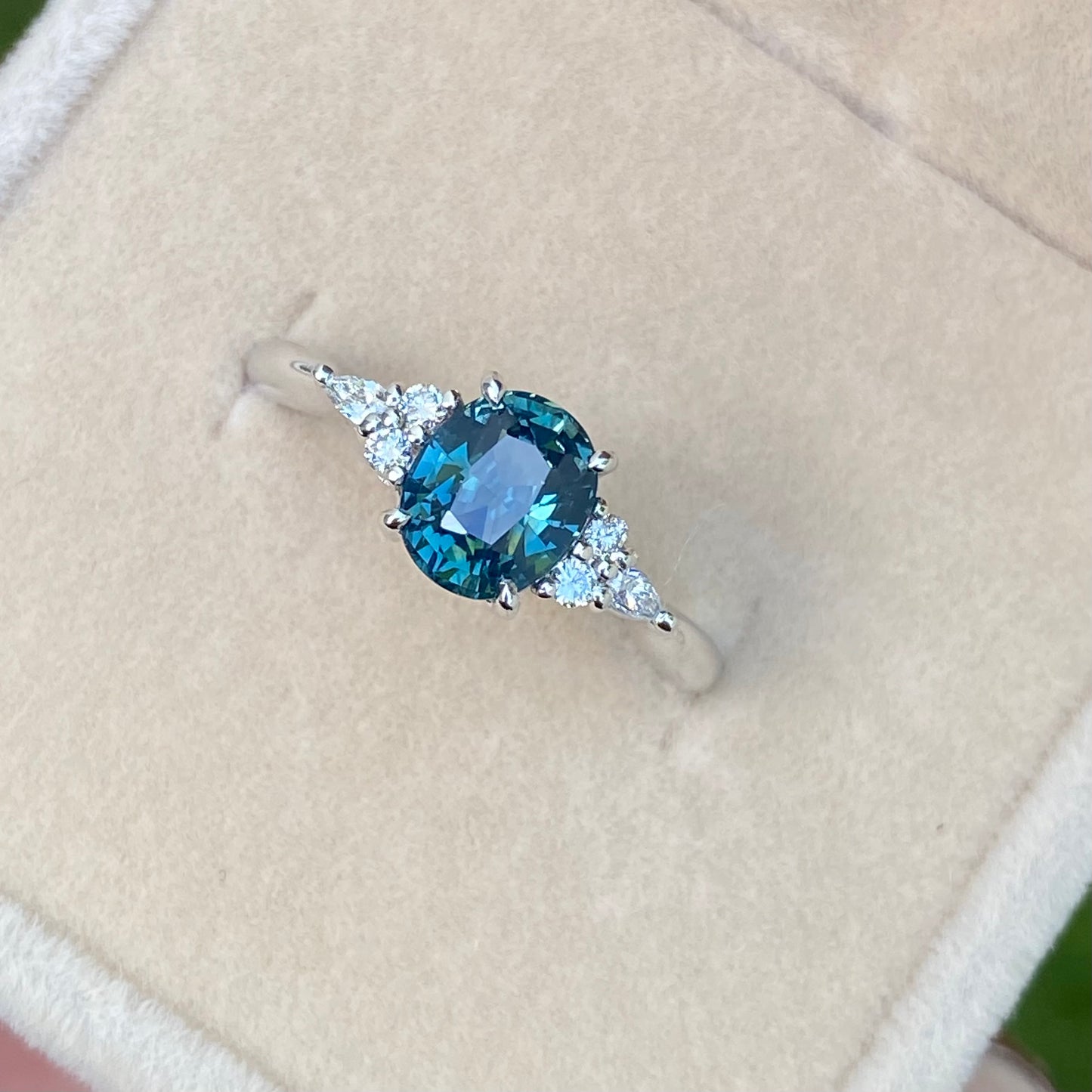 Oval Teal Sapphire Ring / Engagement Ring / Peacock Sapphire Ring / Blue Green Sapphire / Diamond Cluster Ring