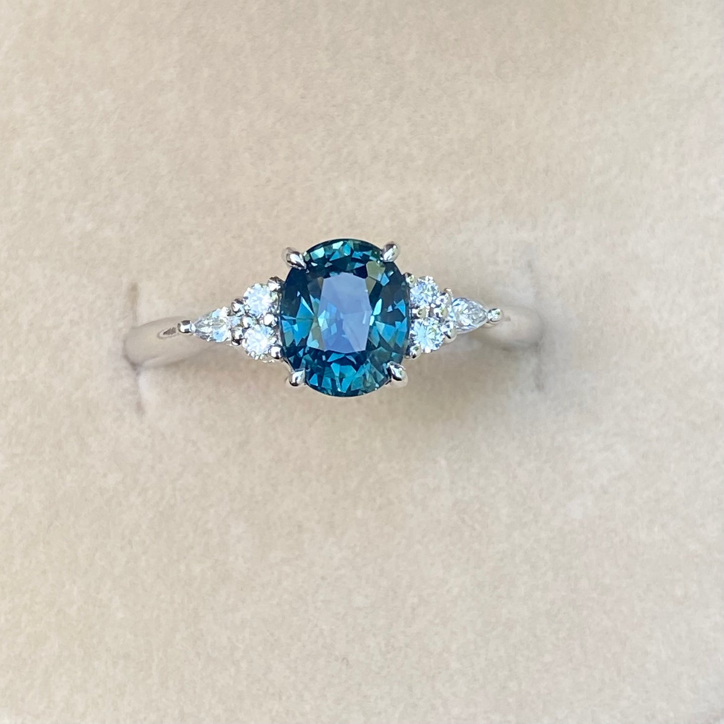 Oval Teal Sapphire Ring / Engagement Ring / Peacock Sapphire Ring / Blue Green Sapphire / Diamond Cluster Ring