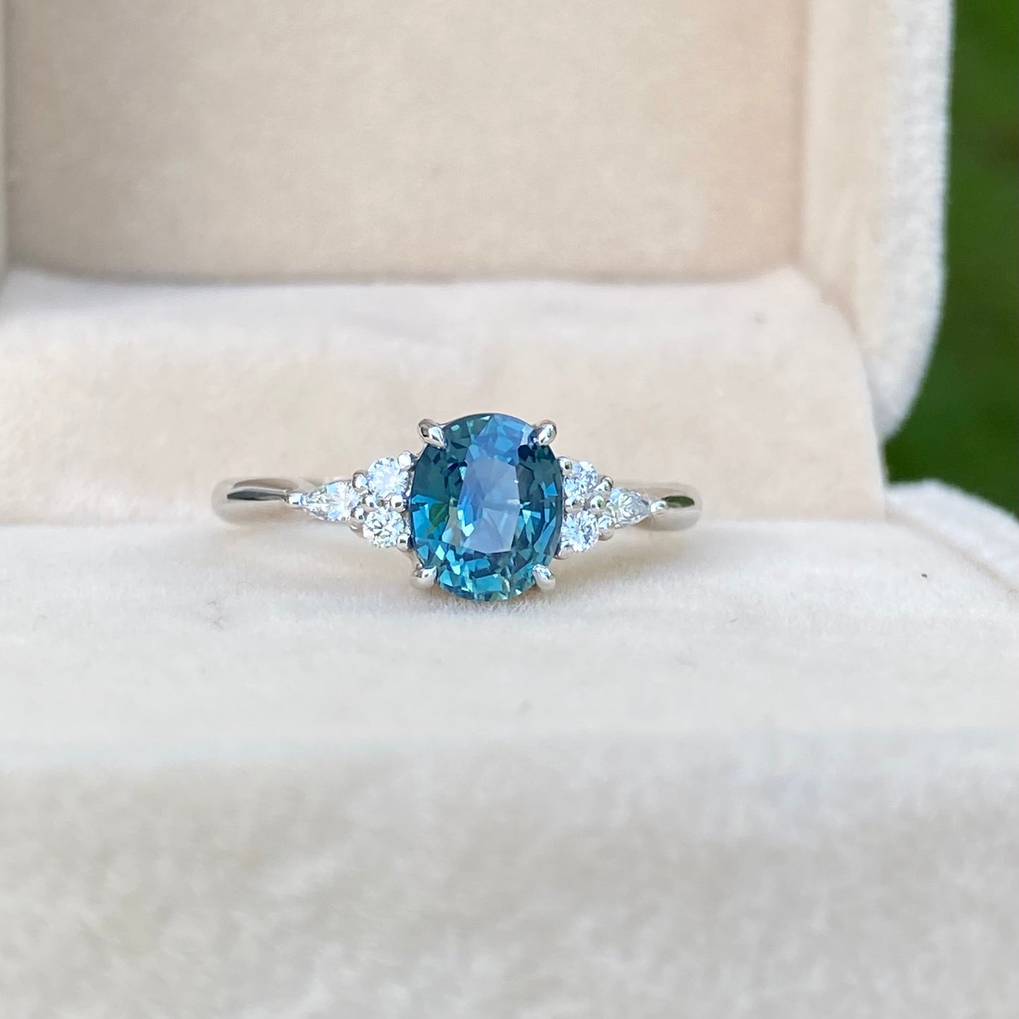 Oval Teal Sapphire Ring / Engagement Ring / Peacock Sapphire Ring / Blue Green Sapphire / Diamond Cluster Ring