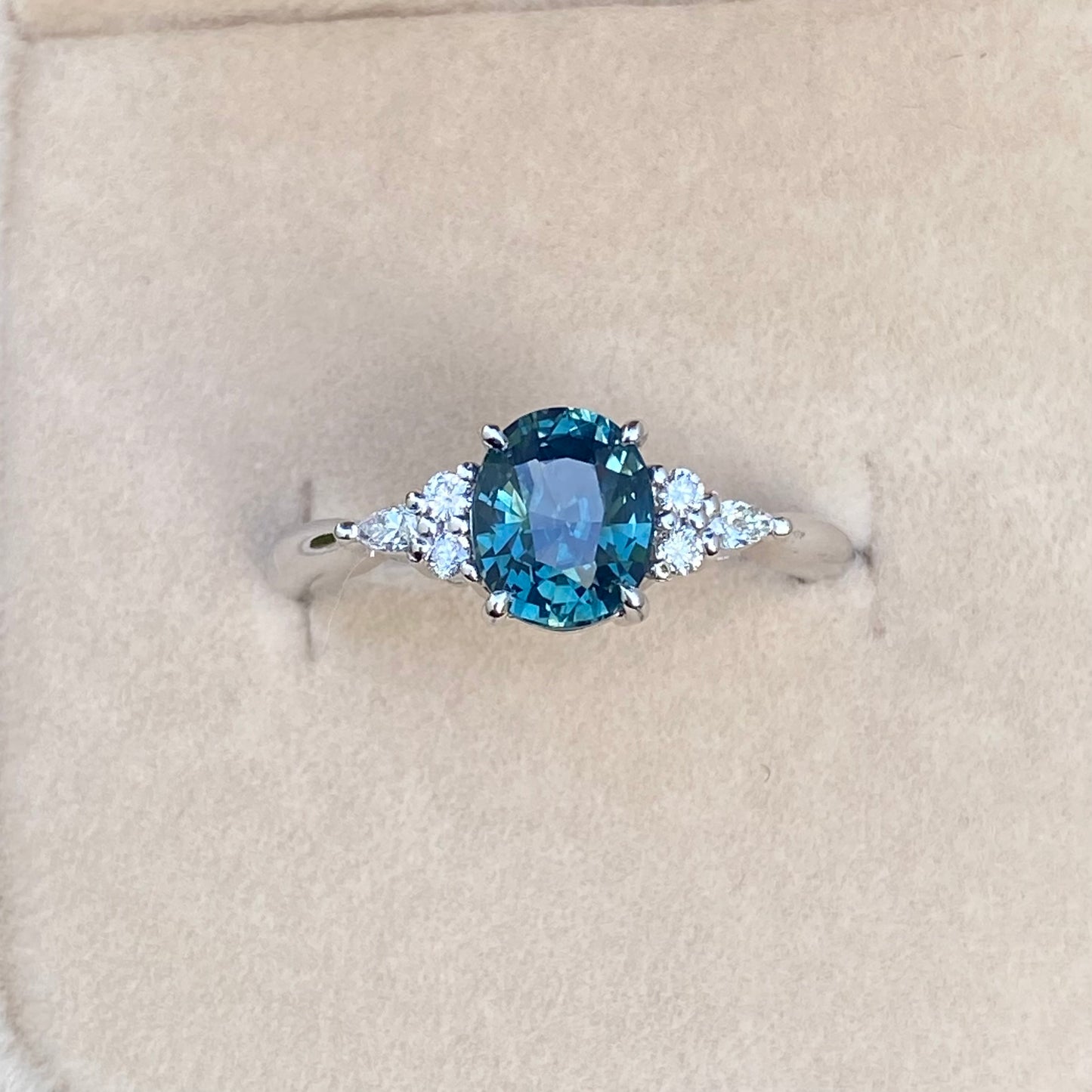 Oval Teal Sapphire Ring / Engagement Ring / Peacock Sapphire Ring / Blue Green Sapphire / Diamond Cluster Ring