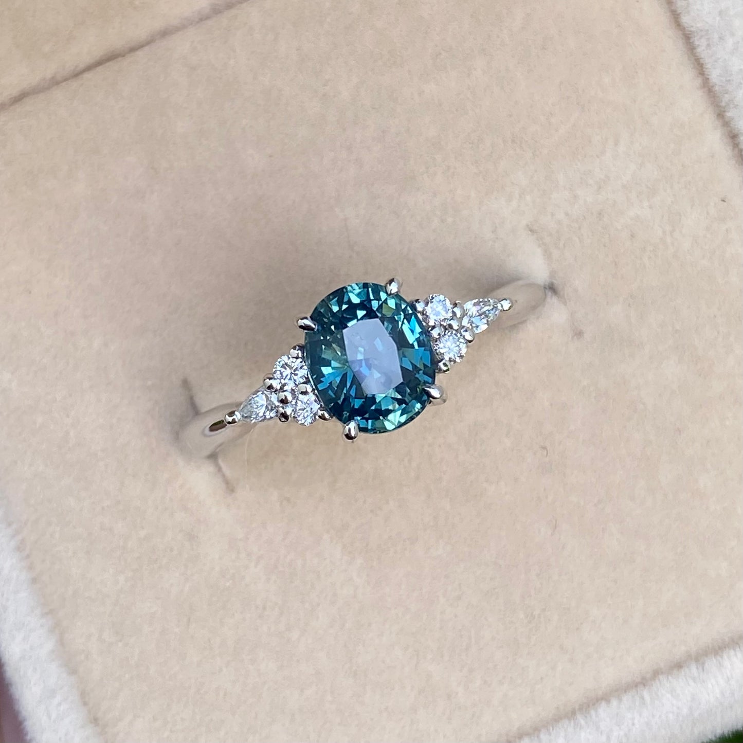 Oval Teal Sapphire Ring / Engagement Ring / Peacock Sapphire Ring / Blue Green Sapphire / Diamond Cluster Ring