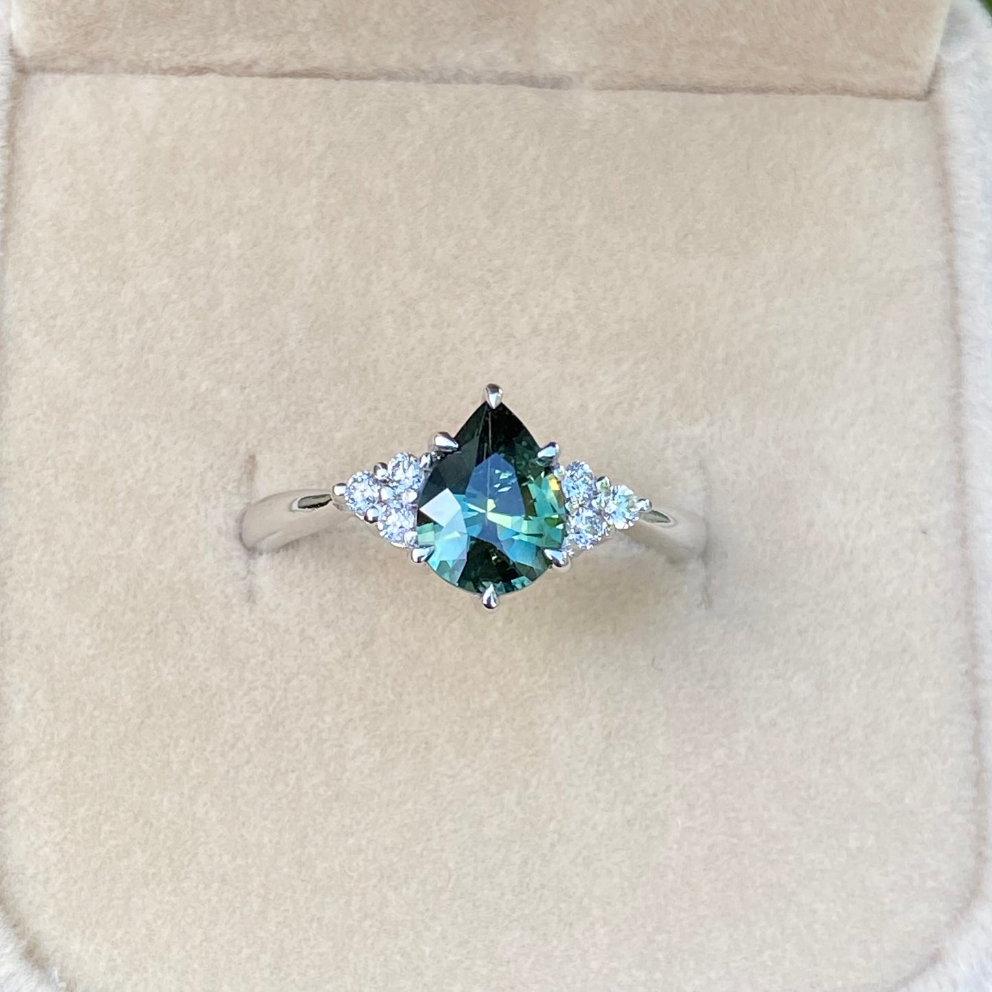 Pear Teal Sapphire Ring / Engagement Ring / Peacock Sapphire Ring / Green Sapphire / Diamond Cluster Ring