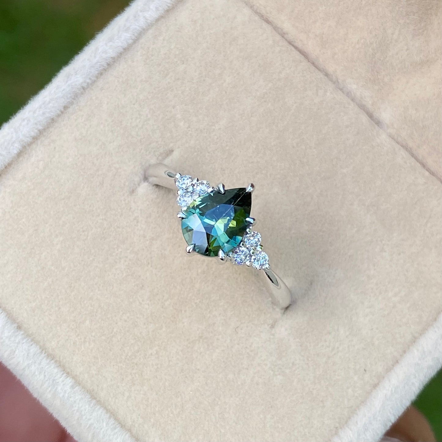 Pear Teal Sapphire Ring / Engagement Ring / Peacock Sapphire Ring / Green Sapphire / Diamond Cluster Ring