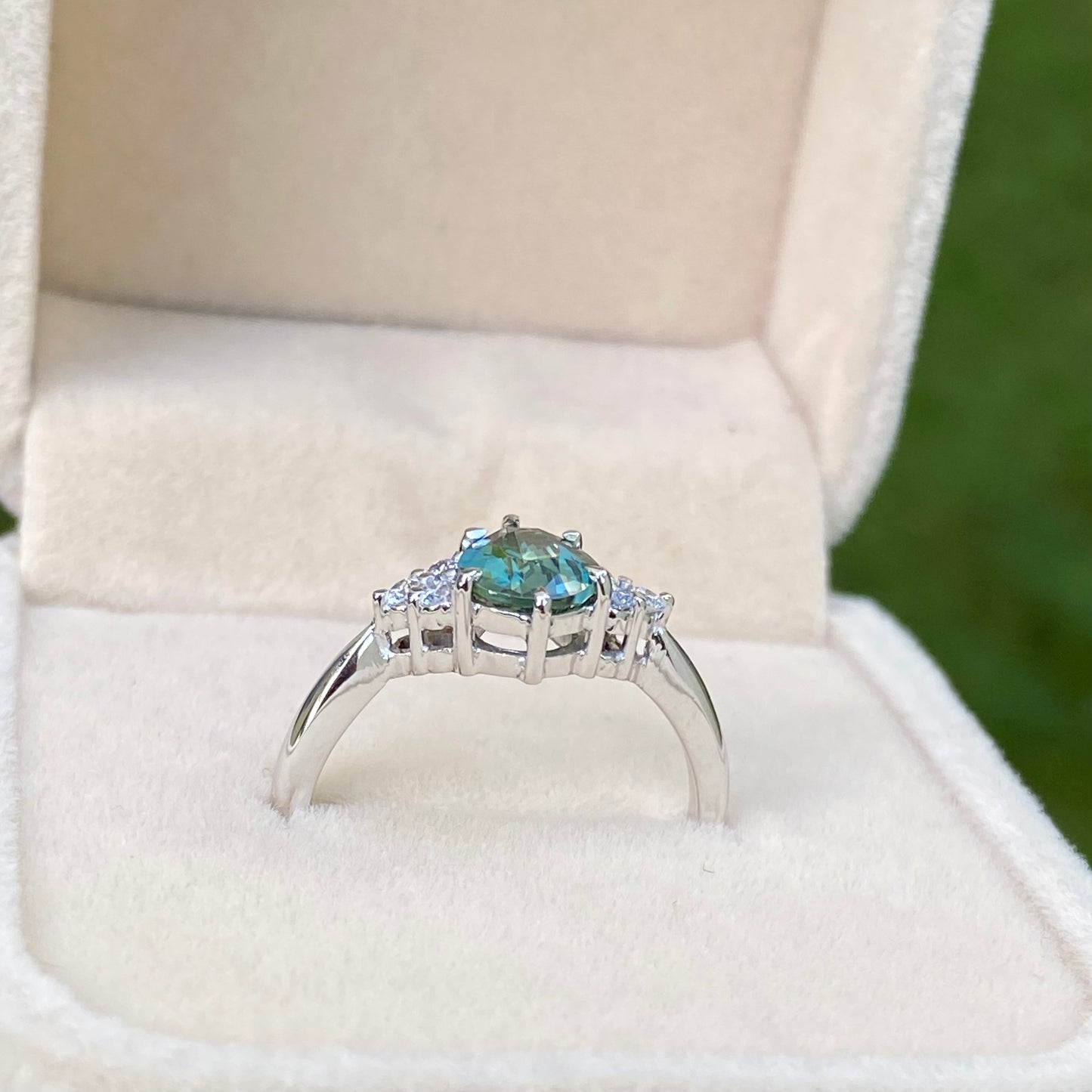 Pear Teal Sapphire Ring / Engagement Ring / Peacock Sapphire Ring / Green Sapphire / Diamond Cluster Ring