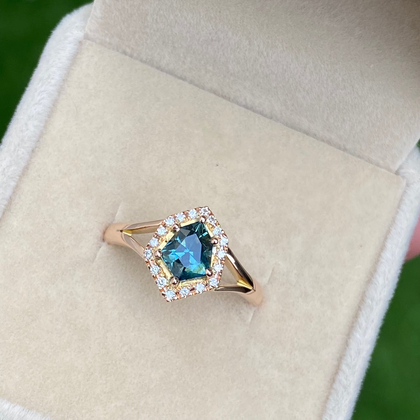 Teal Sapphire  Engagement Ring | Shield cut sapphire | Peacock Sapphire | Unheated Teal Sapphire