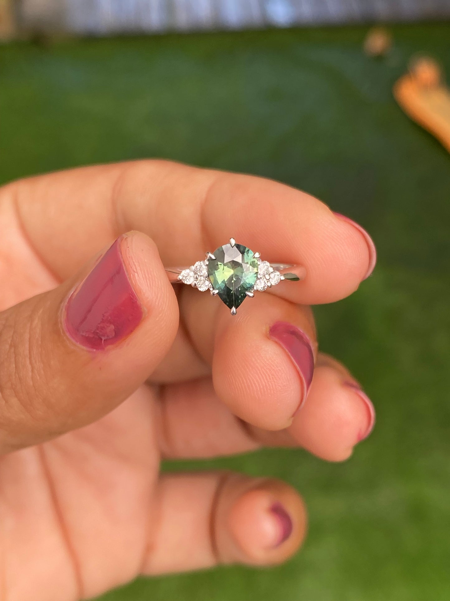 Pear Teal Sapphire Ring / Engagement Ring / Peacock Sapphire Ring / Green Sapphire / Diamond Cluster Ring