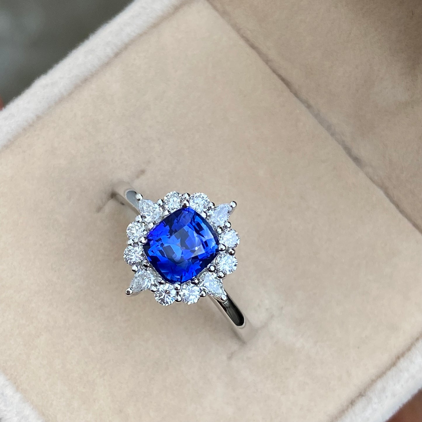 Blue Sapphire Engagement Ring , Sunbrust Ring | Ceylon Sapphire Ring | Diamond Cluster Ring | Natural Blue Sapphire