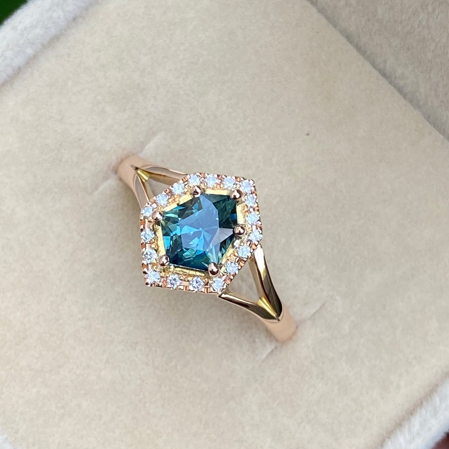 Teal Sapphire  Engagement Ring | Shield cut sapphire | Peacock Sapphire | Unheated Teal Sapphire