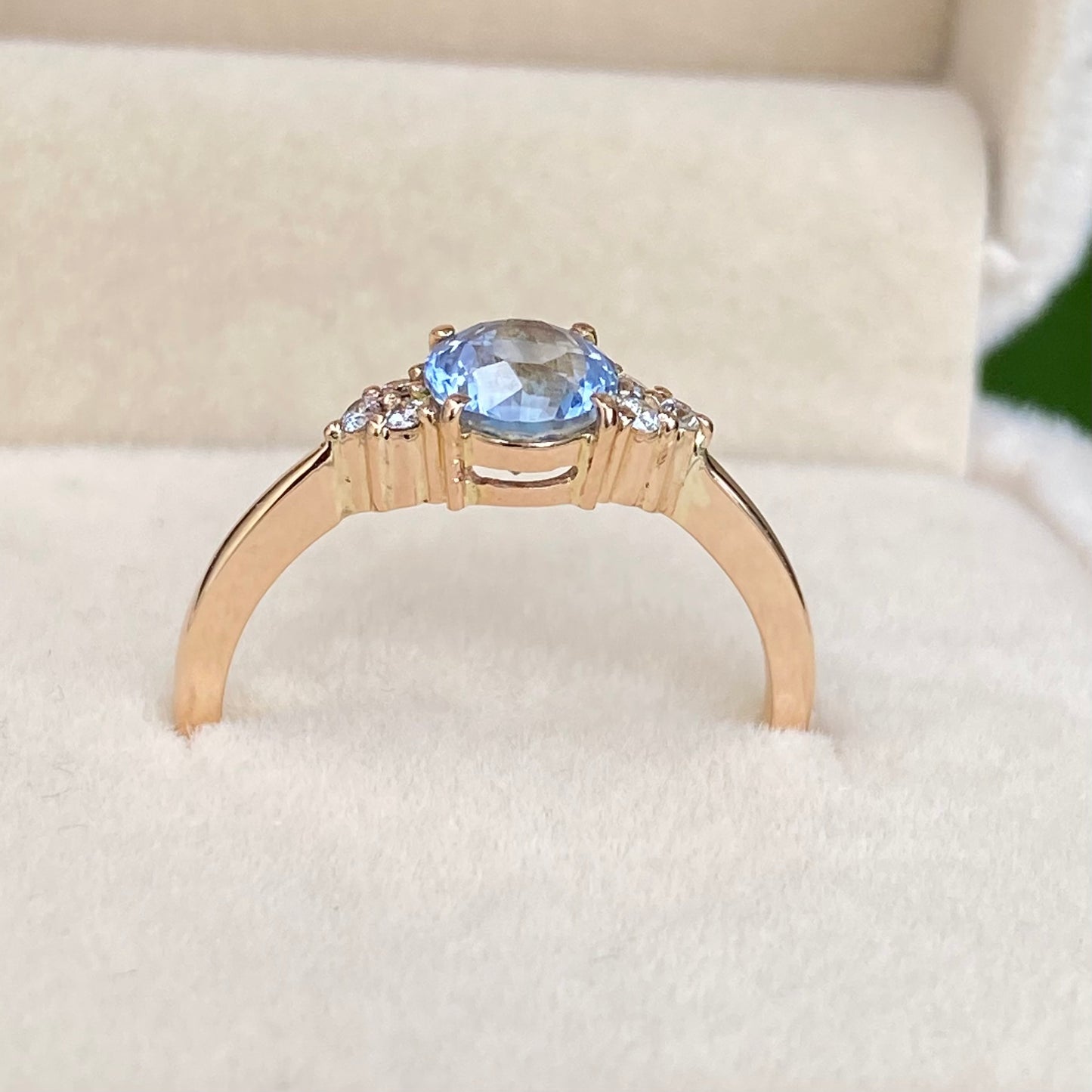 Round light blue sapphire Diamond cluster Ring 14K Rose Gold