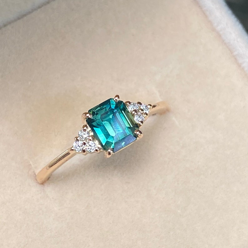 1.55ct Natural Teal Sapphire Diamond Cluster Ring 14K Rose Gold.