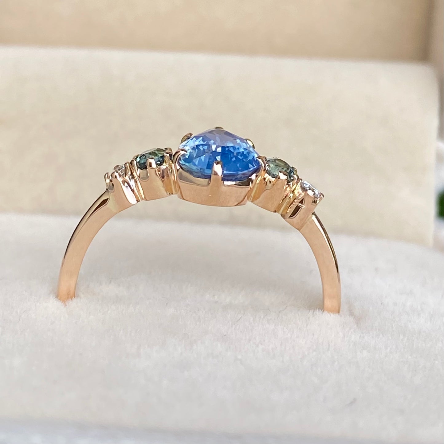 Teal Sapphire Ring / Five Stone Engagement Ring / Opalescent Teal Sapphire / Promise Ring / Green Sapphire Cluster Ring