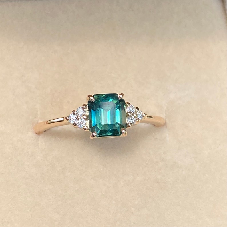 1.55ct Natural Teal Sapphire Diamond Cluster Ring 14K Rose Gold.