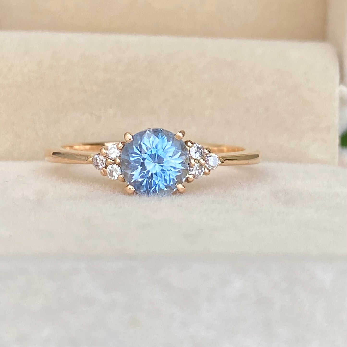 Round light blue sapphire Diamond cluster Ring 14K Rose Gold