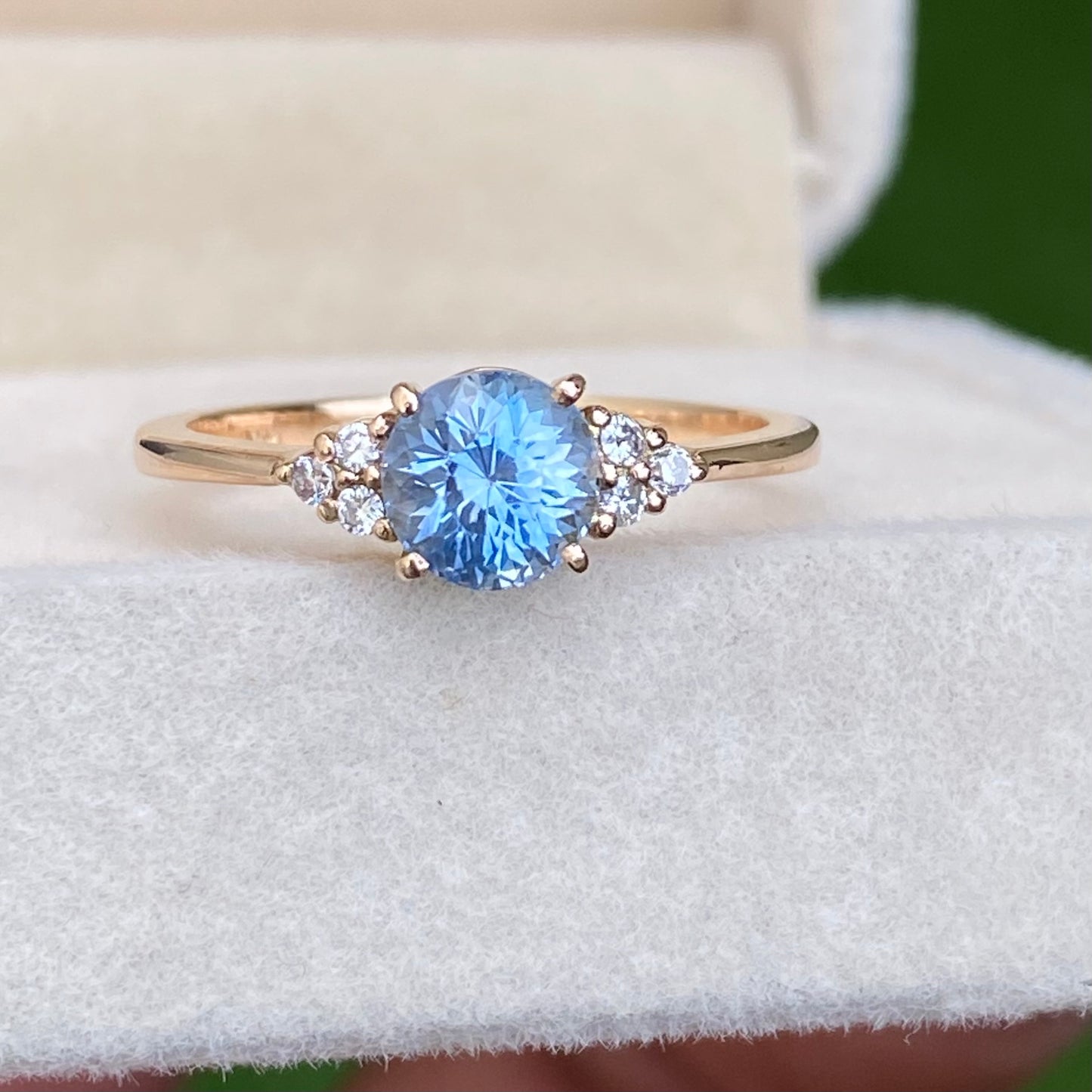 Round light blue sapphire Diamond cluster Ring 14K Rose Gold