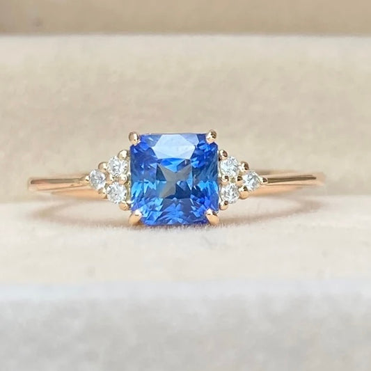 Ceylon Blue Sapphire Diamond cluster Ring 14K Rose Gold